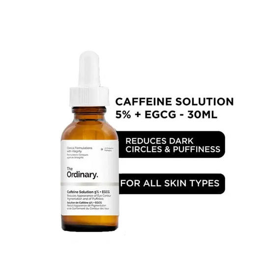 Bottle of The Ordinary caffeine solution with text on a white background